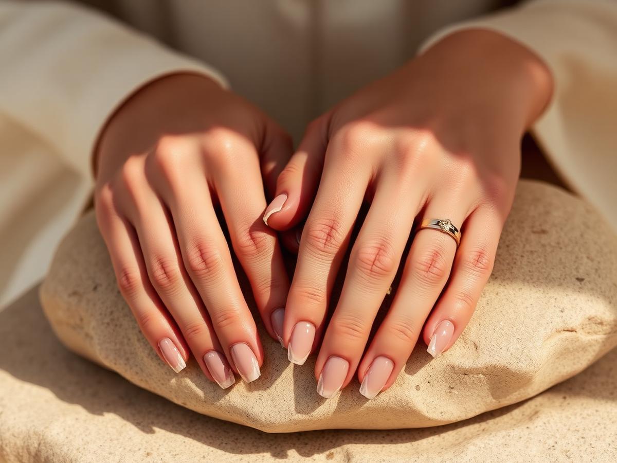 Verfijnde nude manicure op cream steen